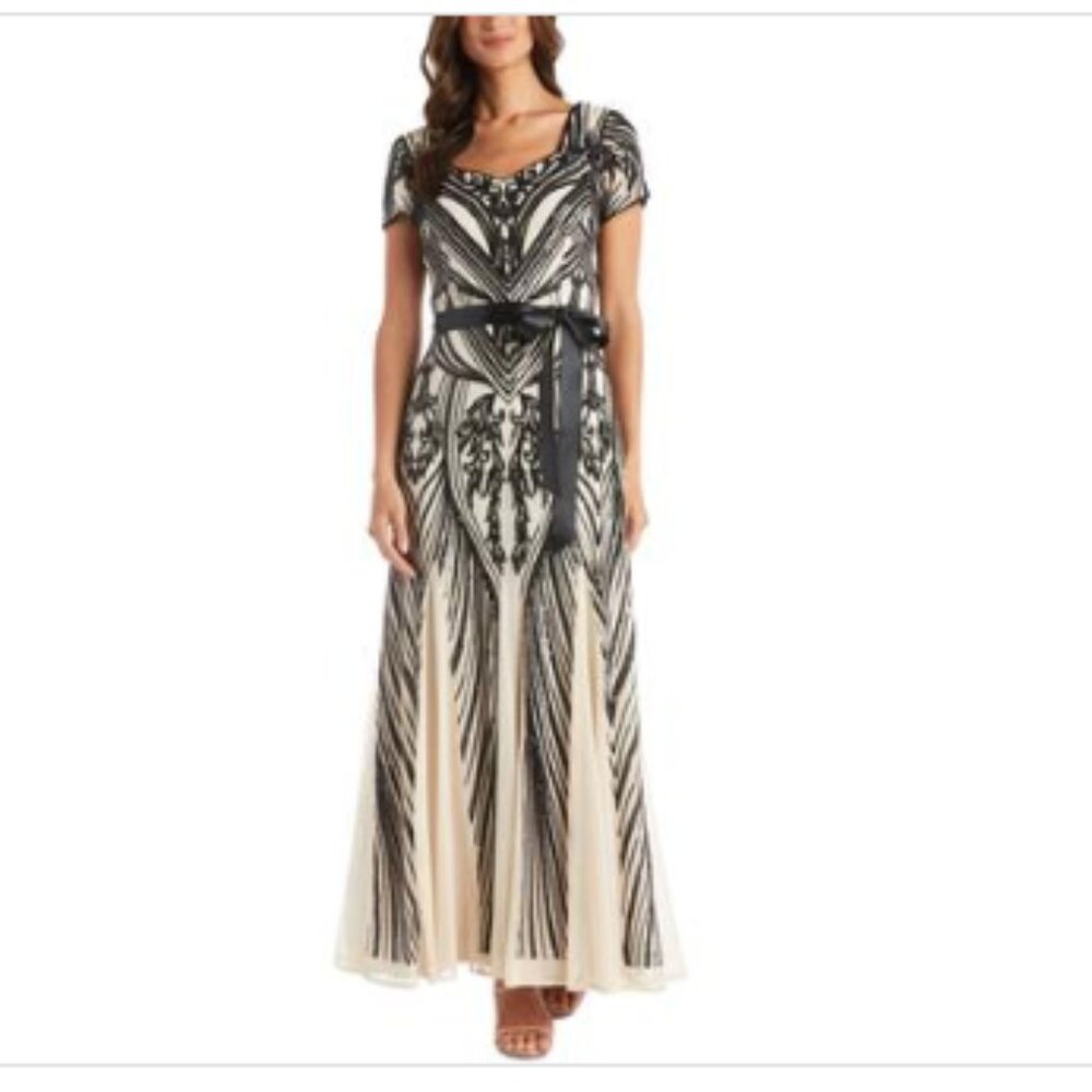 R M Richards Sequined Belted Dress ChampagneBlack